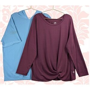 Pro Player Womens Set 2X Blue Hoodie Tunic Burgundy Twist Front Long Sleeve Top